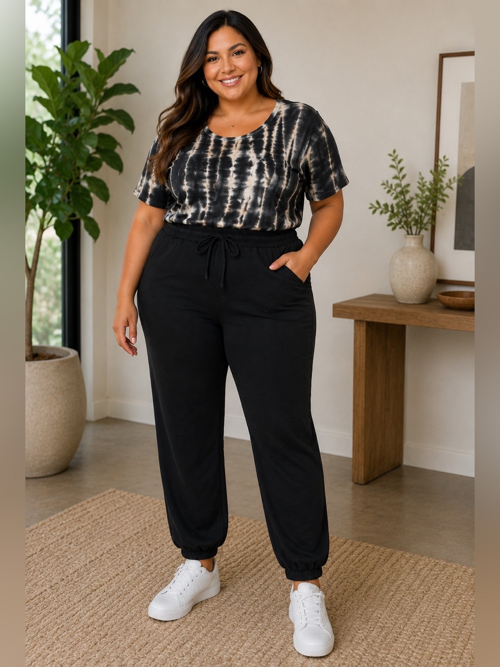 AnyBody Black Printed Tee & Jogger Set